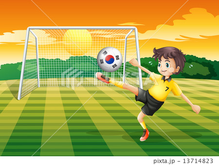 A soccer player using the ball with the flag of South Korea A soccer player using the ball with the flag of South Korea 13714823