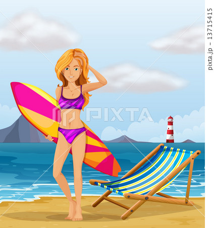 A girl at the beach with a colourful surfing board 13715415
