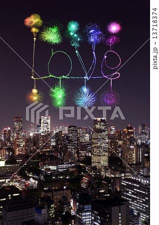 Love sparkle Fireworks celebrating over Tokyo cityscape at night 13718374