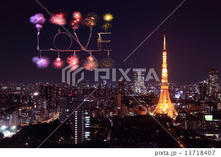 Love sparkle Fireworks celebrating over Tokyo cityscape at night Love sparkle Fireworks celebrating over Tokyo cityscape at night 13718407