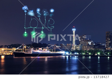 Love Fireworks celebrating over marina bay in Yokohama City 13718427