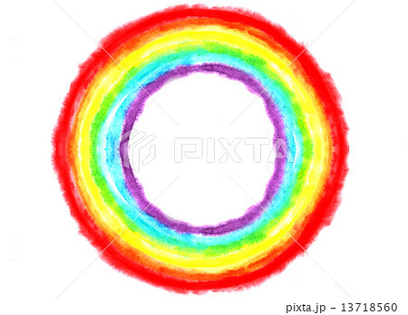 虹 虹色 七色 手描き 水彩 透明水彩 円 輪 丸 赤色 オレンジ色 黄色 黄緑色 青色 水色 のイラスト素材