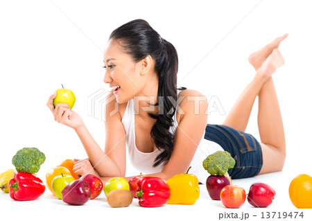 Asian Chinese woman eating fresh fruit Asian Chinese woman eating fresh fruit 13719474