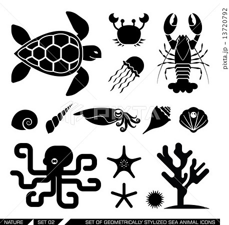 Set Of Geometrically Stylized Sea Animal Iconsのイラスト素材