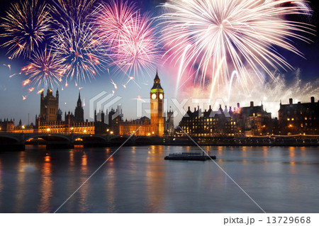 Tower bridge with firework, celebration of the New Year in Londo 13729668