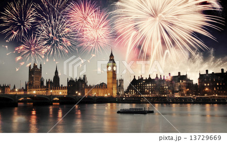 Westminster Abbey with firework, celebration of the New Year in 13729669