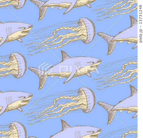 Sketch shark and jellyfish in vintage style 13731246