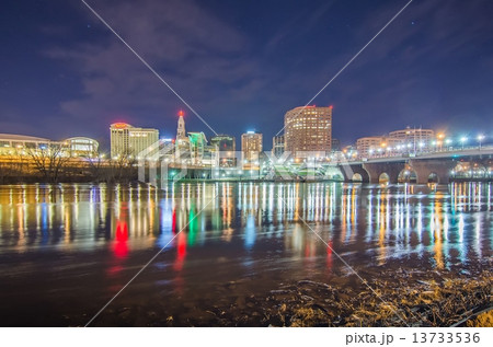 downtown Hartford Connecticut at dusk from across the Connecticut River. downtown Hartford Connecticut at dusk from across the Connecticut River. 13733536