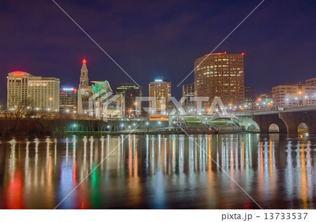 downtown Hartford Connecticut at dusk from across the Connecticu downtown Hartford Connecticut at dusk from across the Connecticu 13733537
