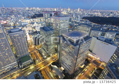 ［東京都市風景］超広角で望む　トワイライトの摩天楼新宿高層ビル街と東京全景　東京タワー　東京スカイツリーも望む 13736425