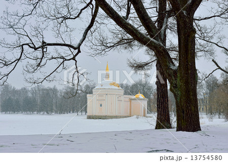 Winter  landscape with Turkish Bath  pavilion and lake 13754580
