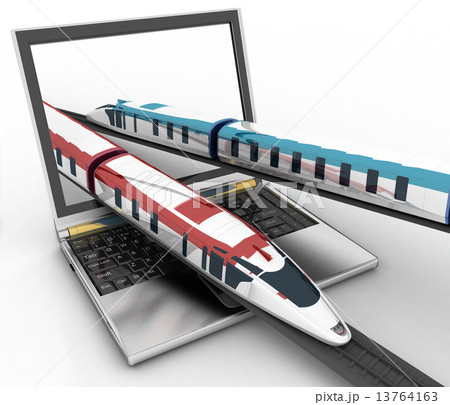 Trains coming out of a laptop. 3d render illustration 13764163