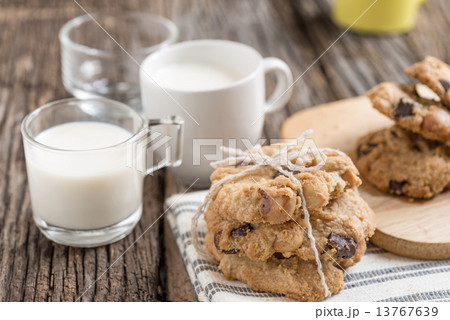 Stack of Chocolate chip cookie and glass of milk 13767639