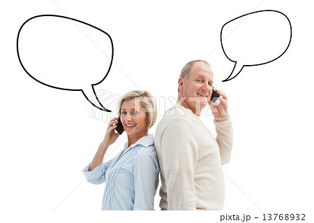 Composite image of happy mature couple talking on their phones 13768932