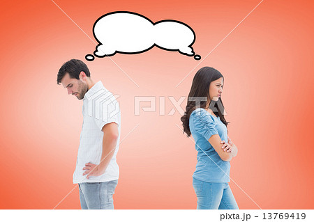 Composite image of upset couple not talking to each other after 13769419