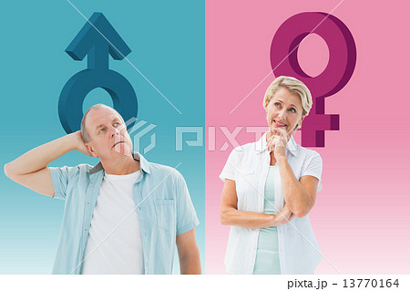 Composite image of happy mature blonde thinking with hand on chi 13770164