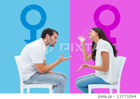 Composite image of couple sitting on chairs arguing 13771044