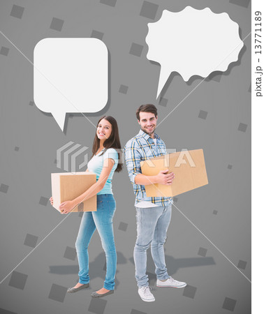Composite image of happy young couple with moving boxes Composite image of happy young couple with moving boxes 13771189