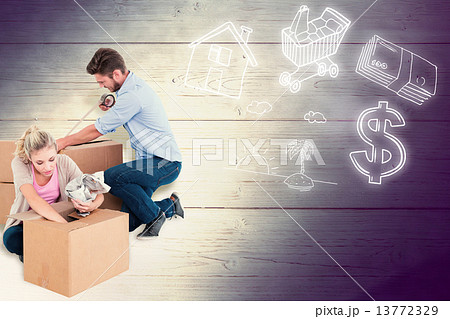 Composite image of young couple packing moving boxes Composite image of young couple packing moving boxes 13772329
