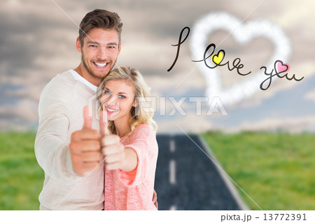 Composite image of attractive couple showing thumbs up to camera 13772391