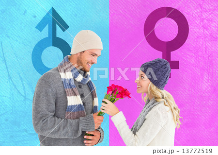 Composite image of attractive man in winter fashion offering ros Composite image of attractive man in winter fashion offering ros 13772519