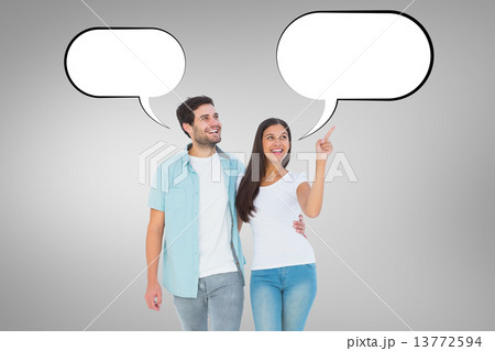 Composite image of happy casual couple walking together Composite image of happy casual couple walking together 13772594