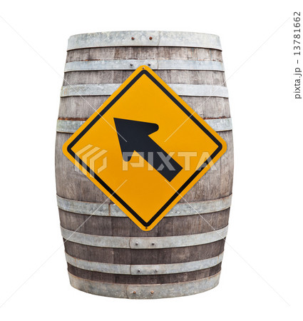 Big old wine barrel with traffic sign isolated on white backgrou 13781662