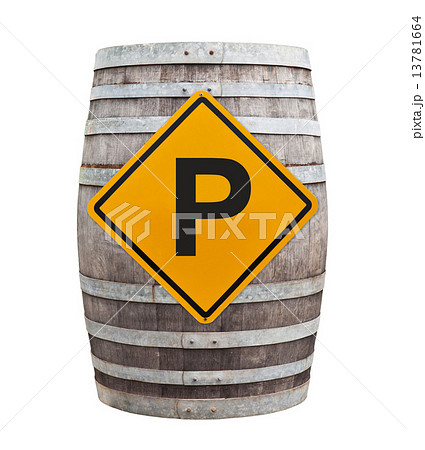 Big old wine barrel with traffic sign isolated on white backgrou 13781664