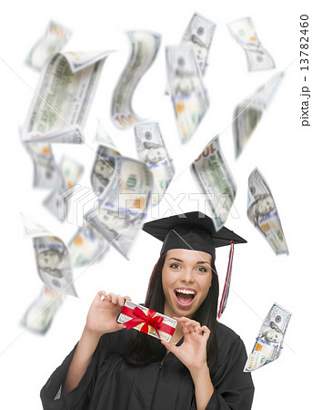 Female Graduate Holding $100 Bills with Many Falling Around Her Female Graduate Holding $100 Bills with Many Falling Around Her 13782460