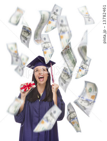 Female Graduate Holding $100 Bills with Many Falling Around Her Female Graduate Holding $100 Bills with Many Falling Around Her 13782461