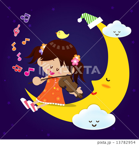 Cute Girl play music with moon at night 13782954