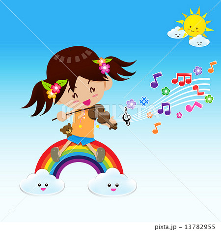 Cute Girl play music with Sun Rainbow and Cloud Cute Girl play music with Sun Rainbow and Cloud 13782955