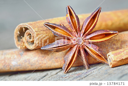 anise star and cinnamon sticks, on wooden table anise star and cinnamon sticks, on wooden table 13784171