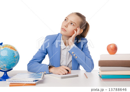 Thoughtful student sitting with many books. Thoughtful student sitting with many books. 13788646
