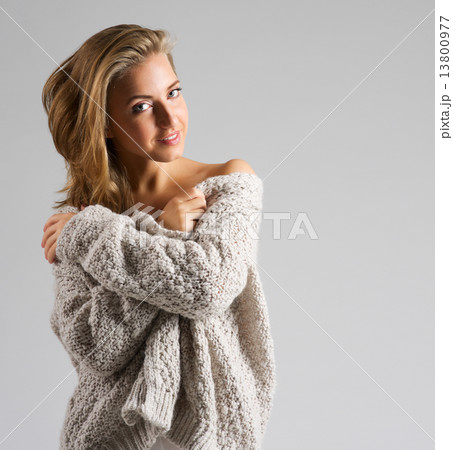 Portrait of young girl on grey 13800977