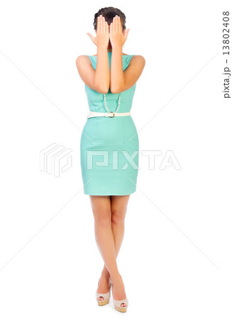 Glamorous girl in turquoise dress close eyes 13802408