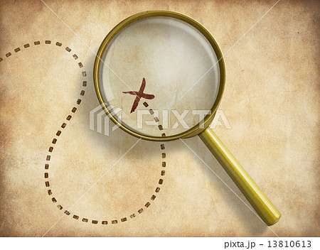 Magnifying glass and track with marked location on old map. Path finding concept. 13810613