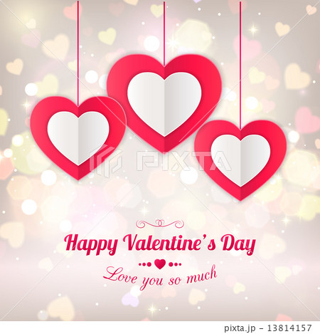 Valentines day typographical background with hanging paper hearts. 13814157