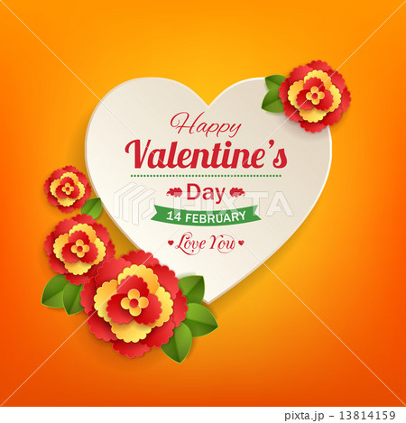 Valentines day typographical background with paper heart and flowers . 13814159