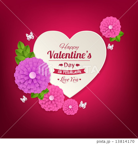 Valentines day typographical background with paper heart and flowers . 13814170