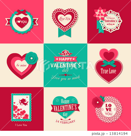 Set of Valentines day typographical backgrounds with paper hearts, ribbons and flowers. 13814194