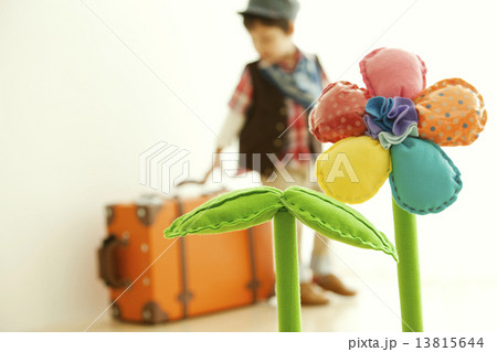 スーツケースを持つ男の子と花のオブジェ 13815644