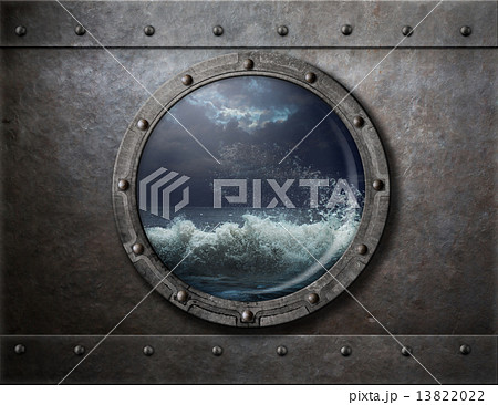 old ship metal porthole or window with sea storm 13822022