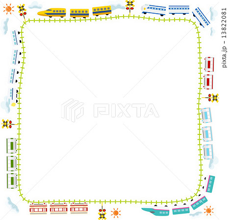 子供向け可愛い踏切のある線路を走る電車のイラスト素材 1381