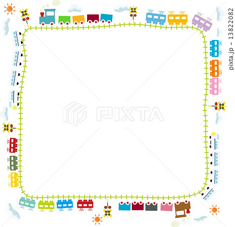 子供向け可愛い踏切のある線路を走る電車のイラスト素材 13