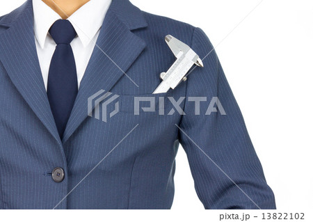 Businessman and Vernier Caliper in Pocket Isolated on White Back Businessman and Vernier Caliper in Pocket Isolated on White Back 13822102