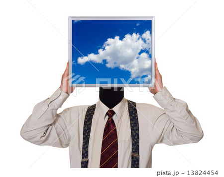 Businessman with sky computer screen Businessman with sky computer screen 13824454