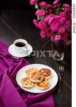 Delicious homemade cheese pancakes with black coffee 13826694