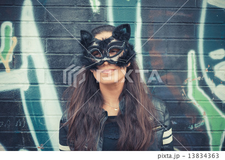 cat mask young beautiful brunette woman 13834363