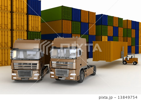 loading of containers on big trucks in storage outdoors loading of containers on big trucks in storage outdoors 13849754